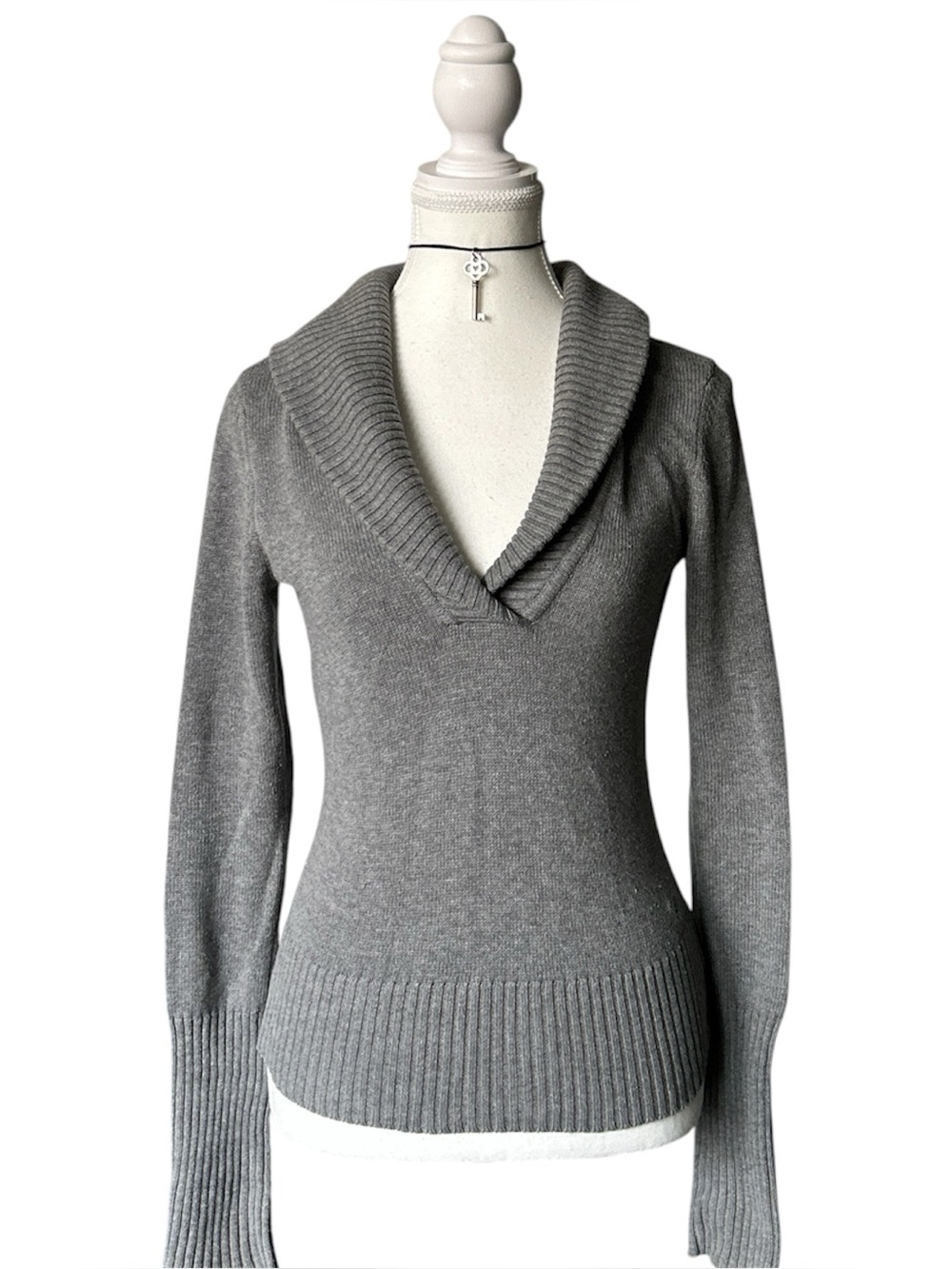 Y2K Coquette “American Eagle” Basic Gray Knit Shawl Collar Sweater